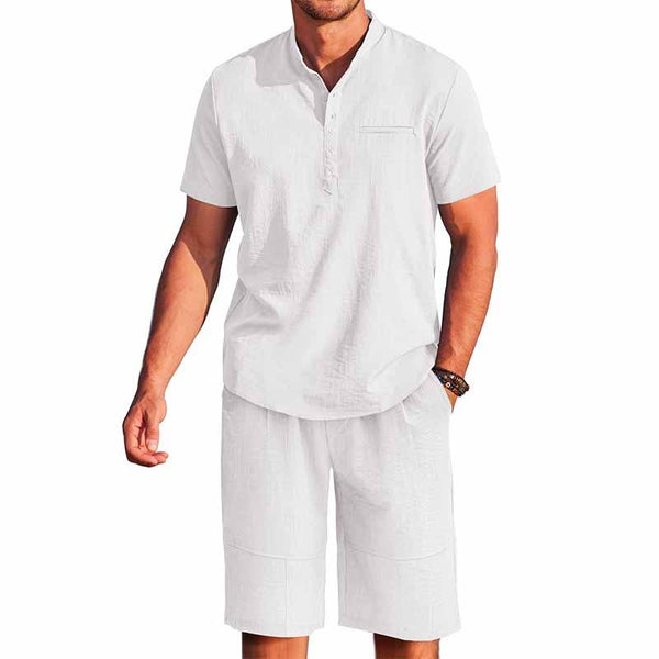Men's 2 Piece Linen Short Sleeve Henley Shirts and Shorts Yoga Sets 71902899YY