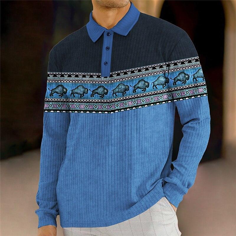 Men's Vintage Printed Knitted Polo Long Sleeve Shirt 89671279YM