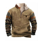 Men's Vintage Print Fur Collar Half Zipper Casual Sweatshirt 68104417YY