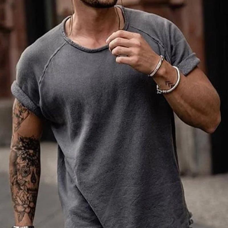 Men's Loose Distressed Solid Color Street Fashion Short-sleeved T-shirt 02289486L