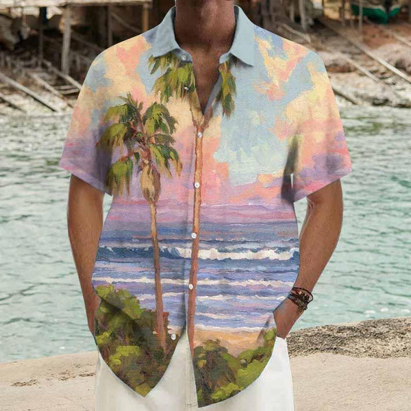 Men's Ramie Casual Hawaii Printed Short-Sleeved Shirt 88001439YY