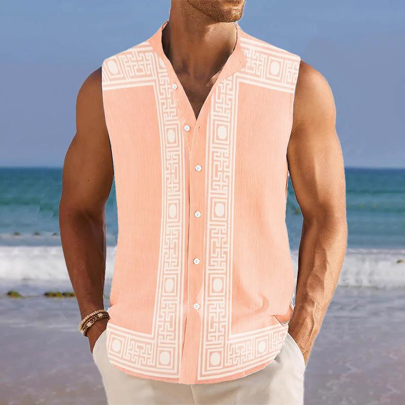 Men's Breathable Linen Lapel Beach Sleeveless Shirt 18316389YM
