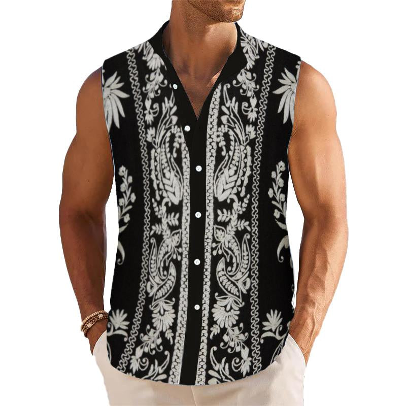 Men's Retro Floral Lapel Beach Sleeveless Shirt 65077881YY