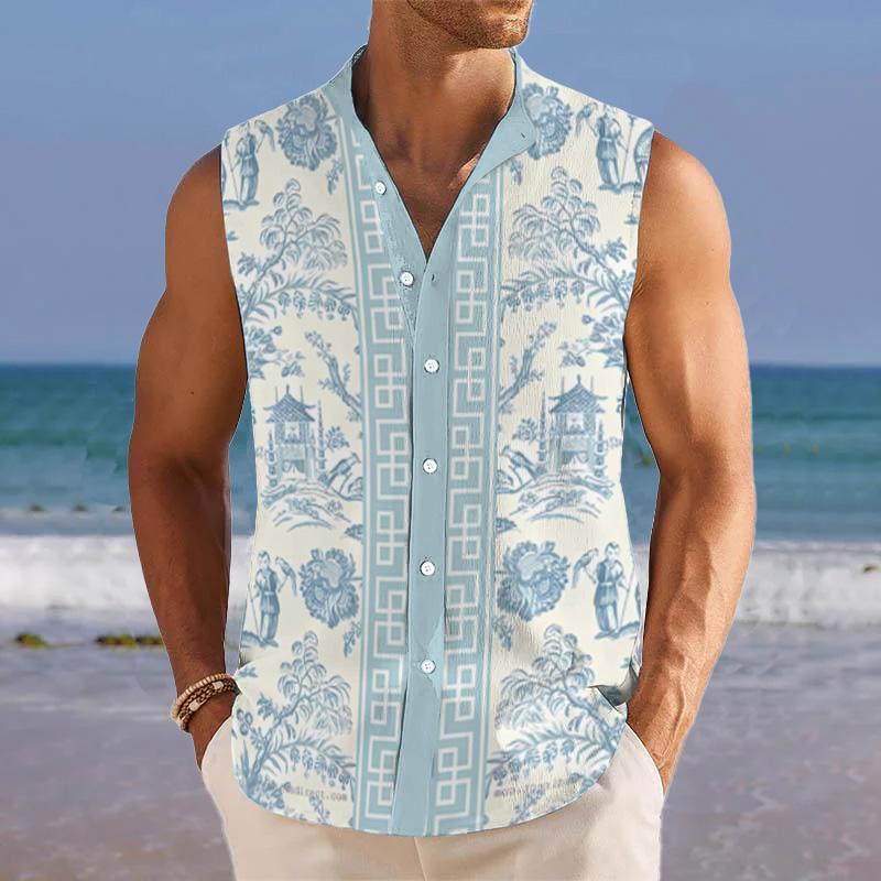 Men's Breathable Linen Lapel Beach Sleeveless Shirt 19267012YM