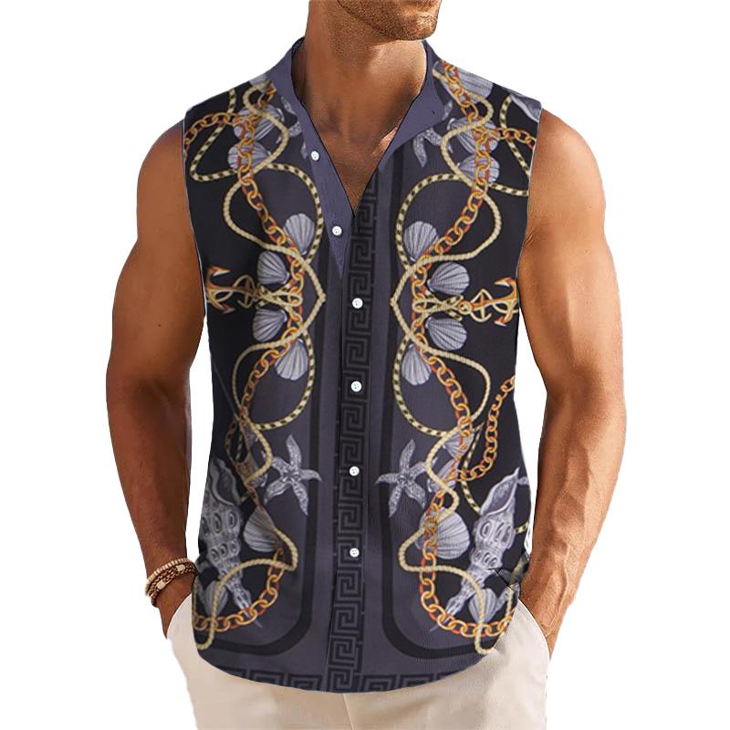 Men's Breathable Linen Lapel Beach Sleeveless Shirt 94329399YM