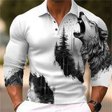 Men's Fashion Wolf 3d Printed Long Sleeve Polo Shirt 58496453YY