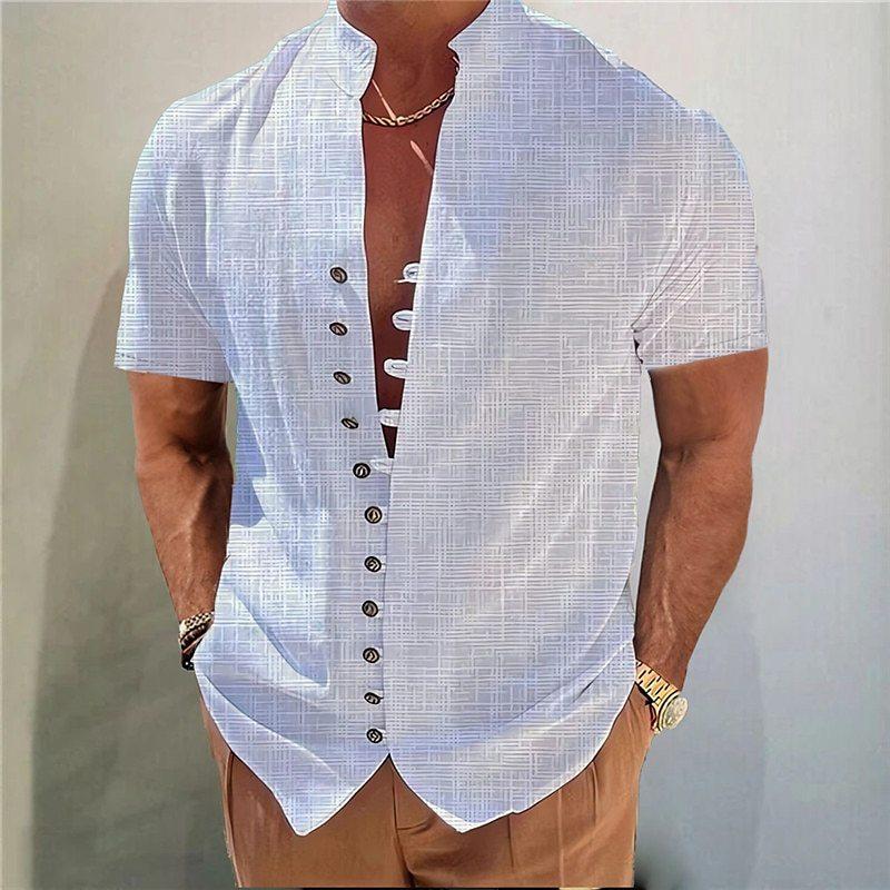 Men's Stand Collar Solid Color Short Sleeve Shirt 83267155YY