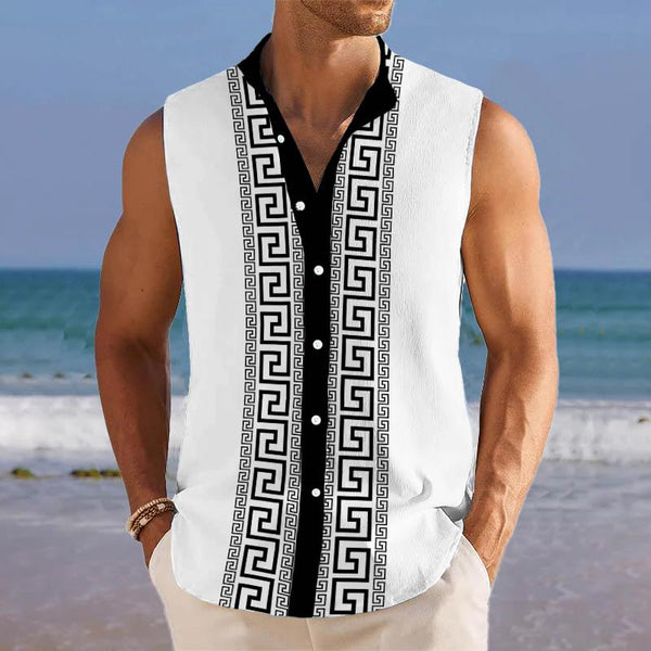 Men's Retro Printed Lapel Beach Sleeveless Shirt 69916839YY
