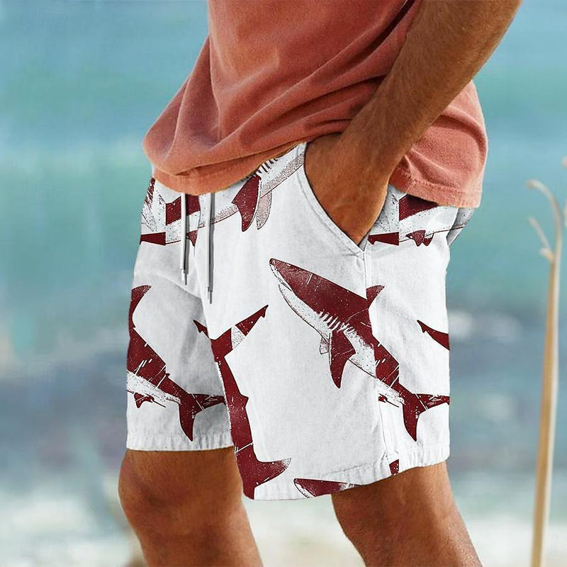 Mens Drawstring Elastic Waist Shark 3D Printed Breathable Beach Shorts13550884YY