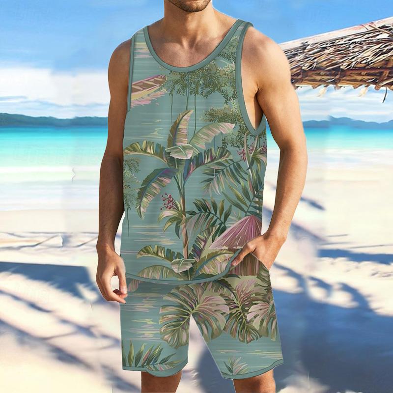 Men Tropical Floral Tank Hawaiian Beach Shorts Sets 83291397YY