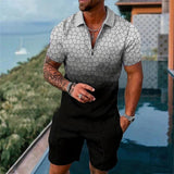 Men's Casual Printed Zipper Polo Short-sleeve and Shorts Suit 70259907YY