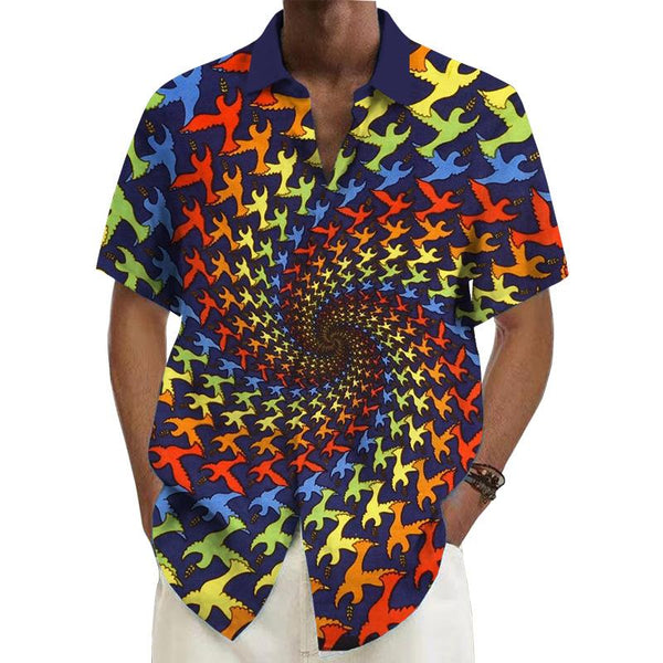 Men's Colorful Peace Dove Short-Sleeved Ramie Shirt 42015587YY