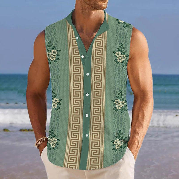 Men's Retro Floral Lapel Beach Sleeveless Shirt 97451517YY