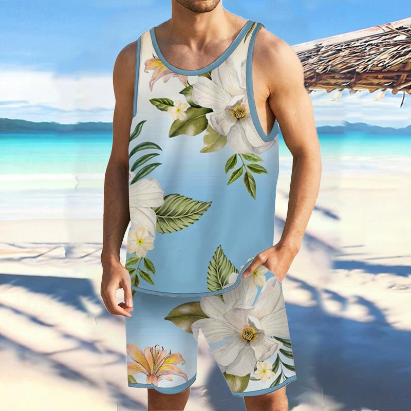 Men Tropical Floral Tank Hawaiian Beach Shorts Sets 75535016YY