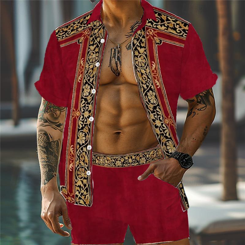 Men's Casual Printed Hawaii Lapel Shirt and Shorts Sets 67336655YY