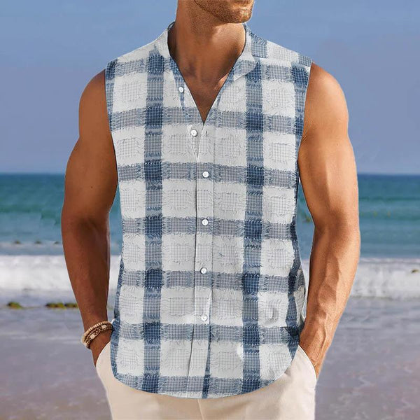 Men's Breathable Linen Lapel Beach Sleeveless Shirt 59726744YM