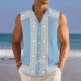 Men's Breathable Linen Lapel Beach Sleeveless Shirt 18316389YM