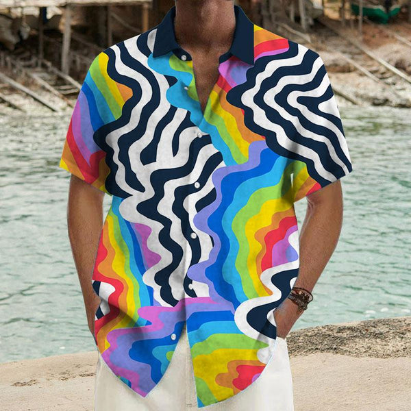 Men's Rainbow Stripe Hawaii Short-Sleeved Shirt 42717248YY