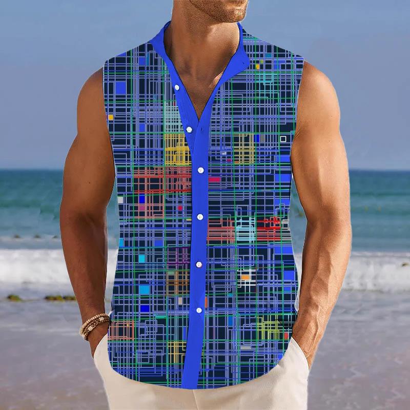 Men's Breathable Linen Lapel Printed Sleeveless Shirt 98235801YM