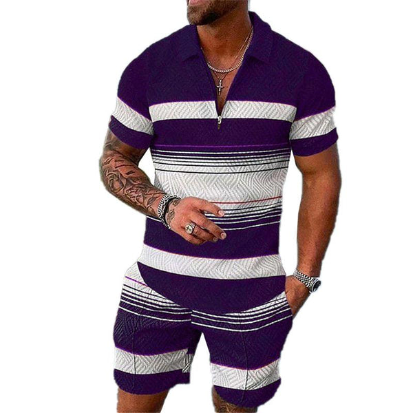 Men's Casual Printed Zipper Polo Short-sleeve and Shorts Suit 70259907YY
