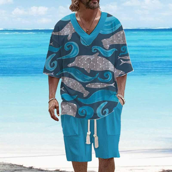 Men's Dolphin Printed Casual Short Sleeve Suit 75516413YY