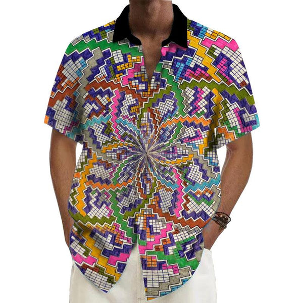 Men's Colorful Plaid Short-Sleeved Ramie Shirt 90454548YY