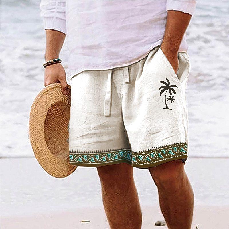 Mens Drawstring Elastic Waist Palm 3D Printed Breathable Beach Shorts 09007230YY