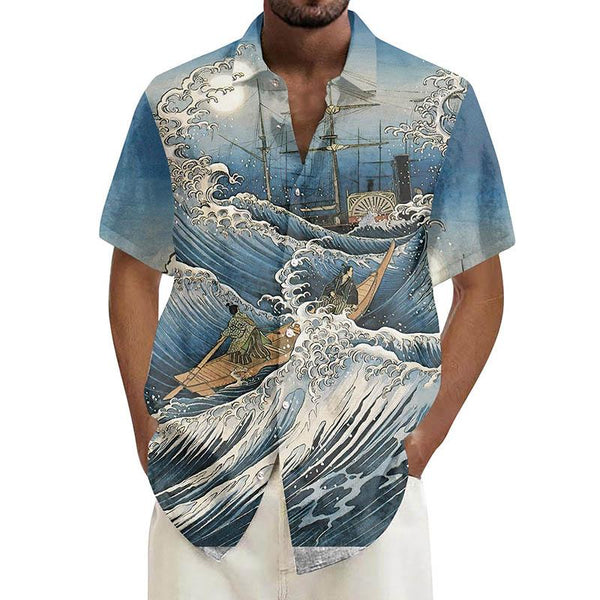 Men's Ramie Casual Mystery Wave Printed Short-Sleeved Shirt 85827444YY