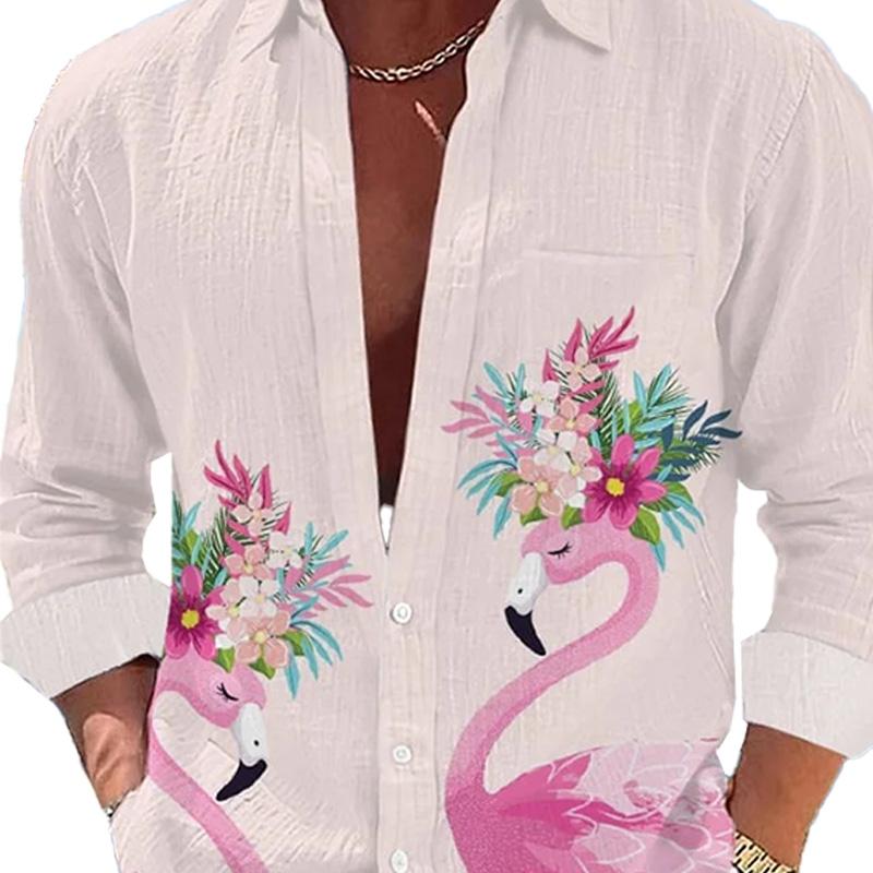 Men's Casual Hawaiian Coconut Flamingo Lapel Shirt 64001969YM