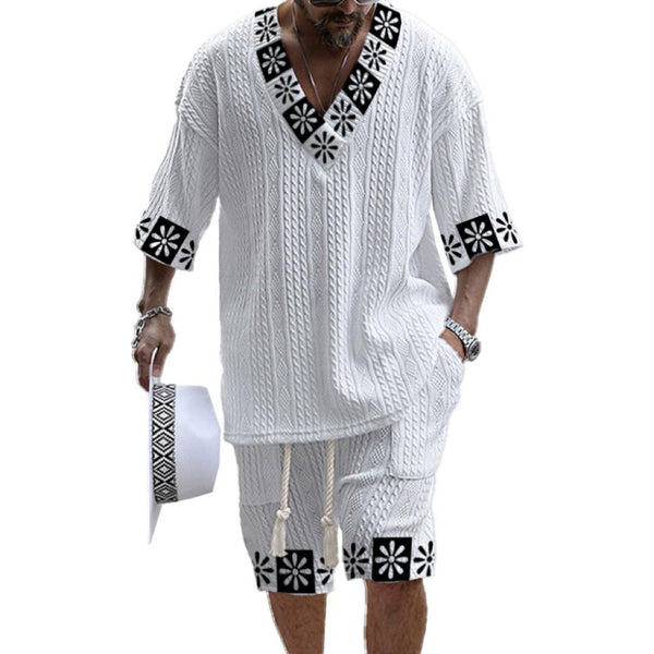 Men's Printed Short Sleeve Shorts Textured Set 21881779YY