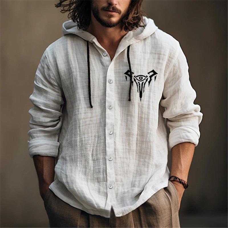Men's Printed Slub Hooded Adjustable Long Sleeve Shirt 98928220L