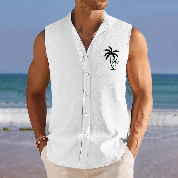 Men's Breathable Linen Lapel Beach Sleeveless Shirt 30141521YM