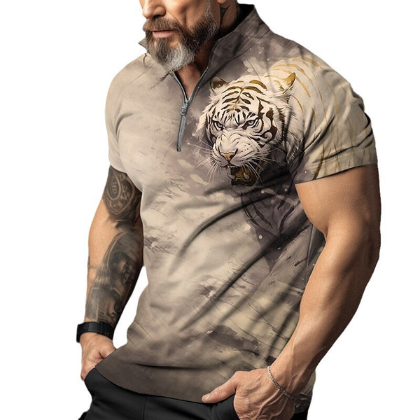 Men's Tiger Printed Zipper Short Sleeve Polo Shirt 12927407YY