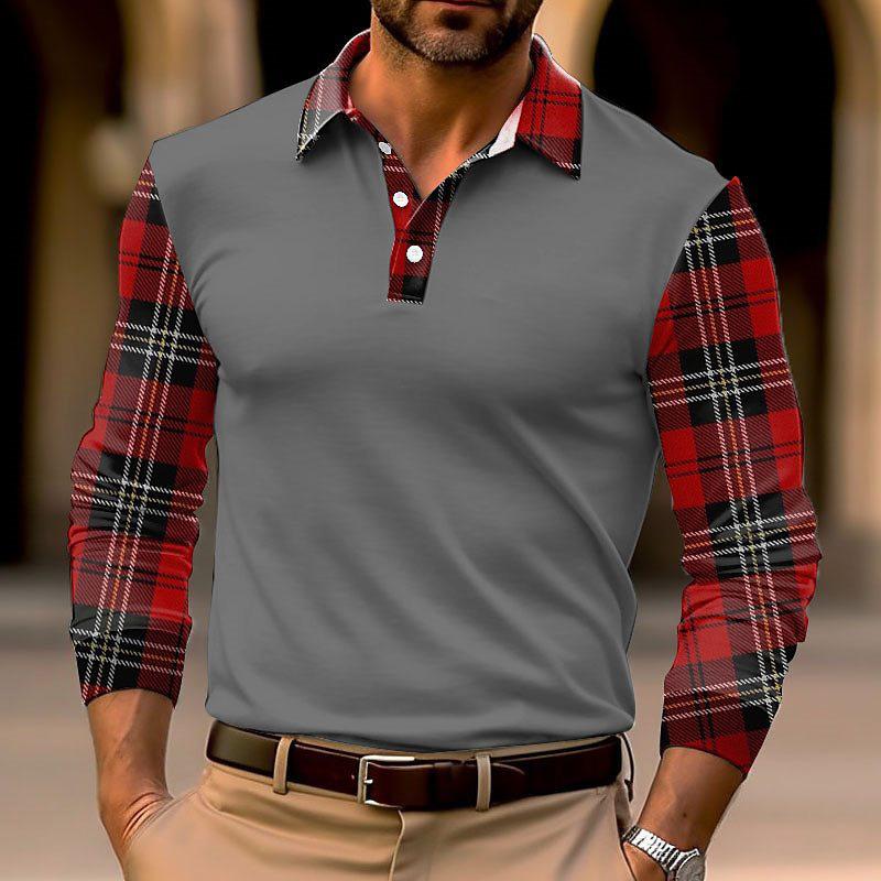 Men's Plaid Long Sleeve Polo Shirt 68565330YM