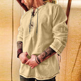 Men's Retro Cotton and linen Lace-up Long Sleeve Shirt 67480785YY