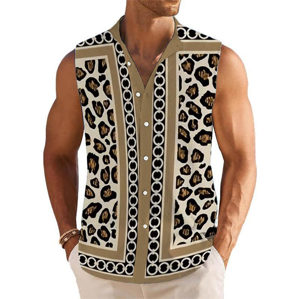 Men's Breathable Linen Lapel Beach Sleeveless Shirt 07468726YM