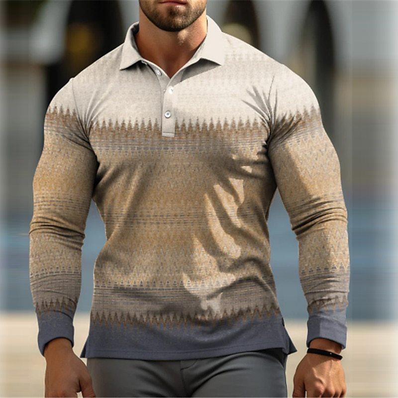 Men's Fashion 3D Printed Long Sleeve Polo Shirt 65013418YY