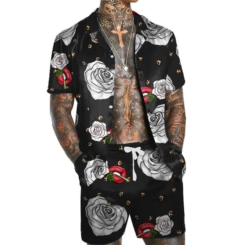 Men's Rose Printed Shirt and Shorts Set 16550353F