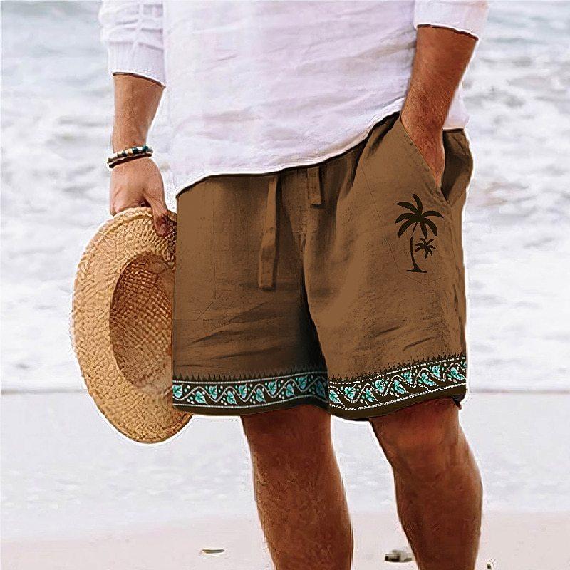 Mens Drawstring Elastic Waist Palm 3D Printed Breathable Beach Shorts 09007230YY