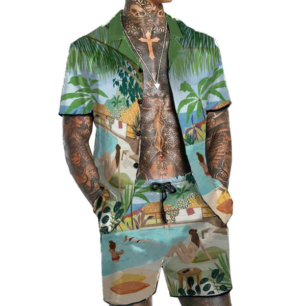 Men's Hawaiian Short Sleeve Shirt Shorts Set 37301354YM