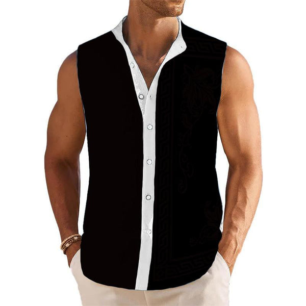 Men's Breathable Linen Lapel Beach Sleeveless Shirt 01104059YM