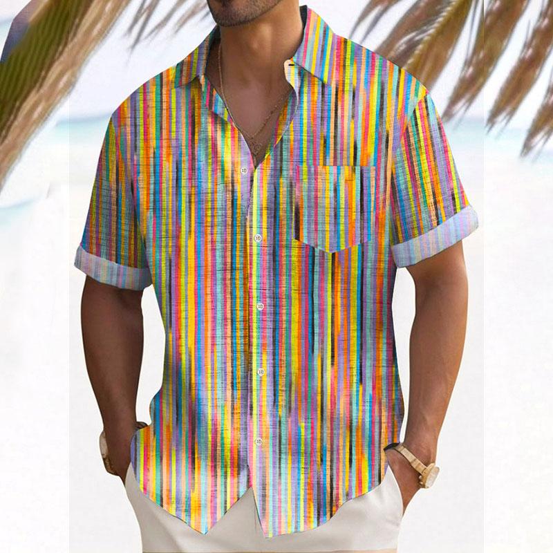 Men's Printed Cotton and Linen Short Sleeve Pocket Shirt 81328192YY