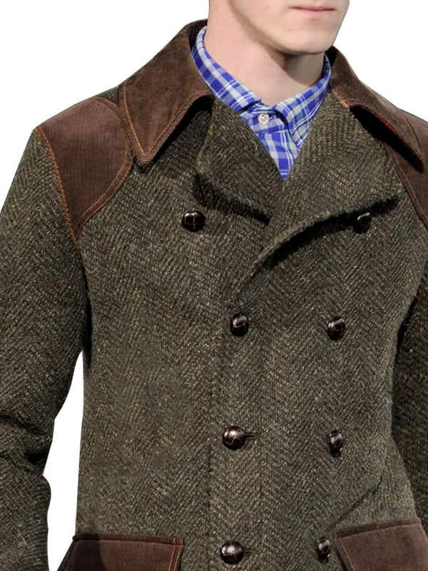 Vintage Herringbone Wool And Suede Patchwork Double-Breasted Casual Coat