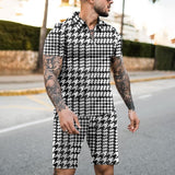 Men's Retro Printed Zipper Short Sleeve Polo Shorts 2 Pice Sets 86611288YY