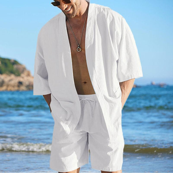 Men's Linen Open Front Kimono Cardigan With Short 2 Sets 69997565YY