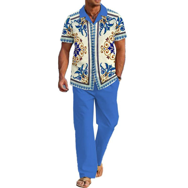 Men's Casual Printed Short Sleeve Shirt and Pants Set 08205959YM
