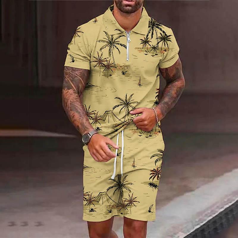 Men's Street Printed Zipper Polo Short-sleeve and Shorts Suit  43649971YY