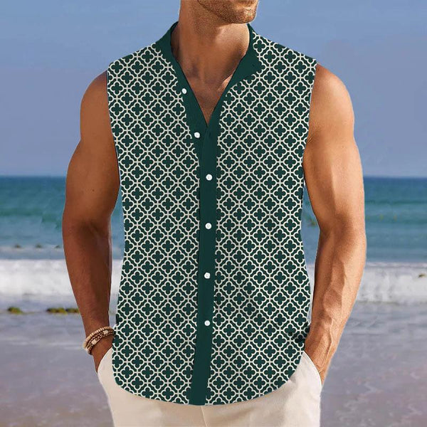 Men's Lucky Clover Lapel Beach Sleeveless Shirt 73992584YY