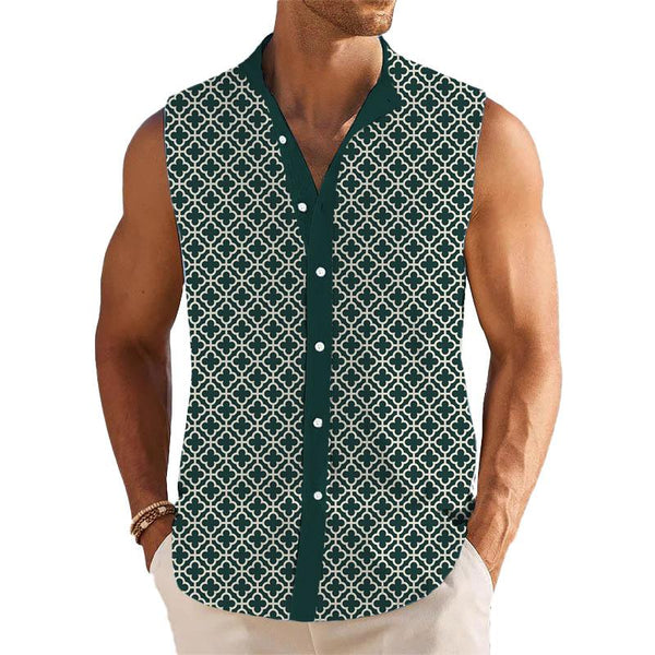Men's Lucky Clover Lapel Beach Sleeveless Shirt 73992584YY