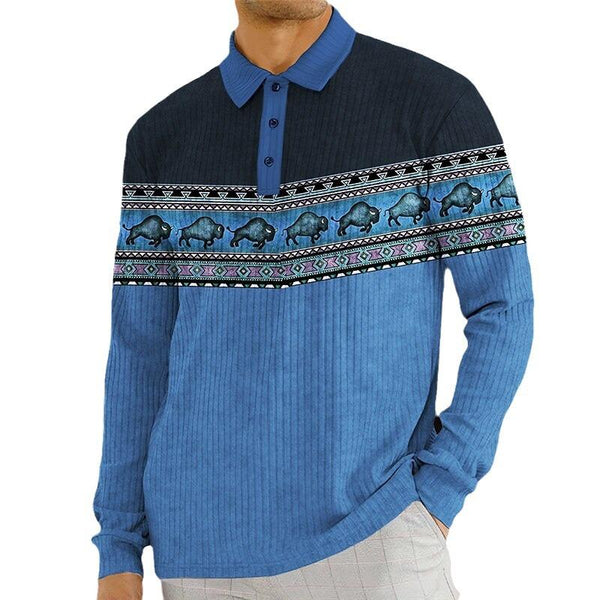 Men's Vintage Printed Knitted Polo Long Sleeve Shirt 89671279YM